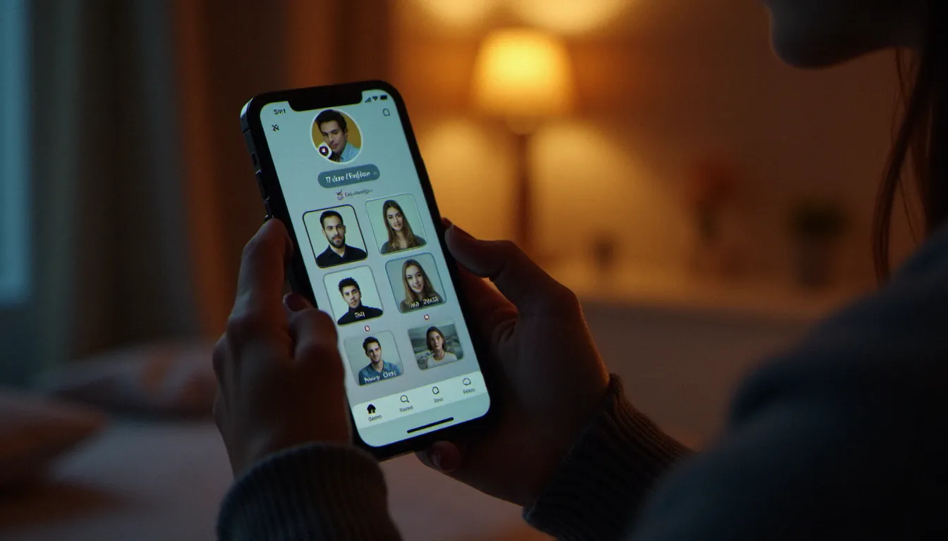 Gros plan sur un smartphone affichant des profils de rencontres avec des indicateurs d'alerte sur des comptes suspects, illustrant la méthode de détection des faux profils inspirée de l'armée de dumbledore