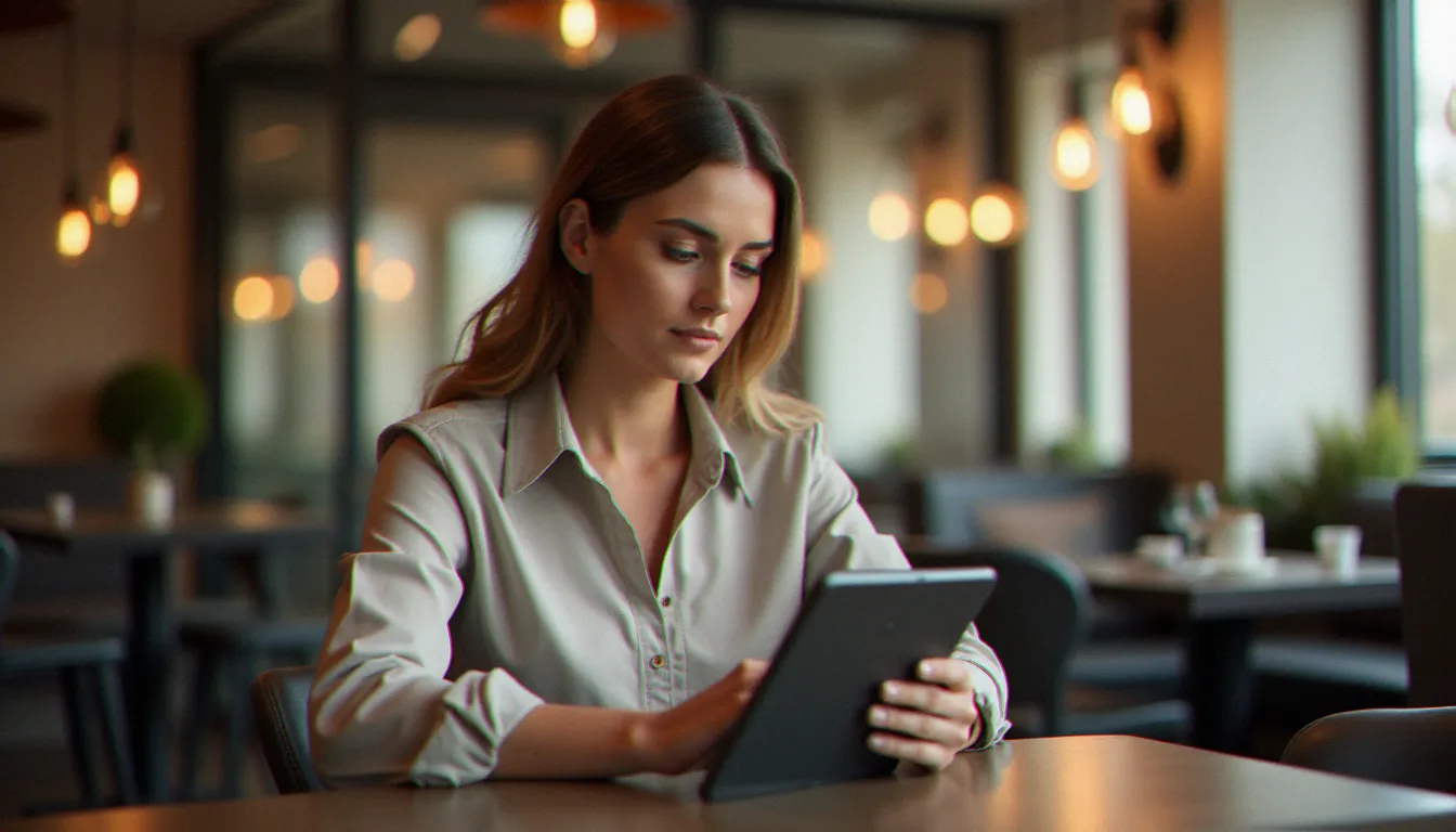 Femme experte en dating analysant des profils sur tablette dans un café lyonnais contemporain, illustrant la stratégie collective de l'armée de dumbledore appliquée aux rencontres coquines en ligne