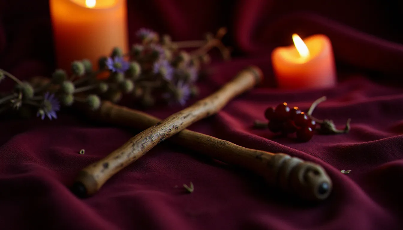 Baguette de sureau artisanale posée sur du velours bordeaux, entourée de fleurs et baies de sureau séchées, éclairée à la bougie mettant en valeur le grain naturel du bois