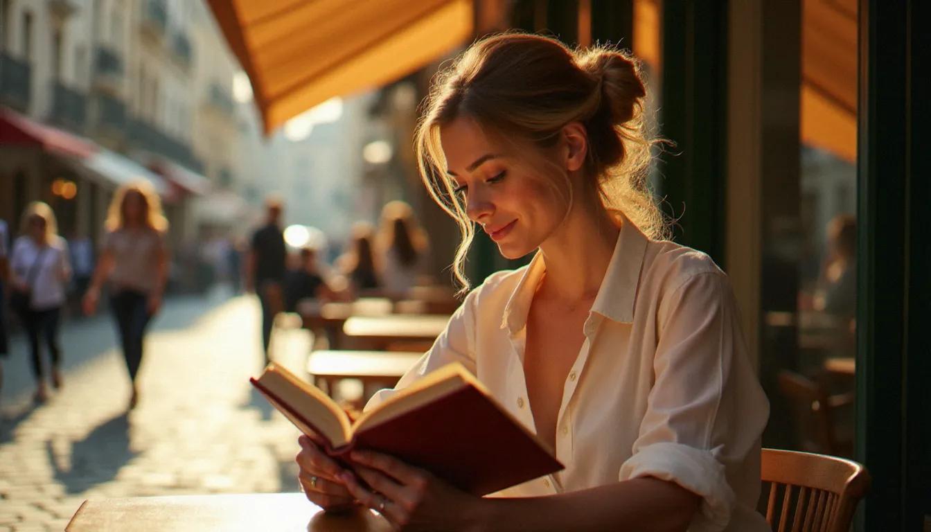 Une femme élégante lisant un roman de Blandine Le Callet en terrasse de café à Lyon, illustrant la connexion entre littérature française du désir et rencontres authentiques
