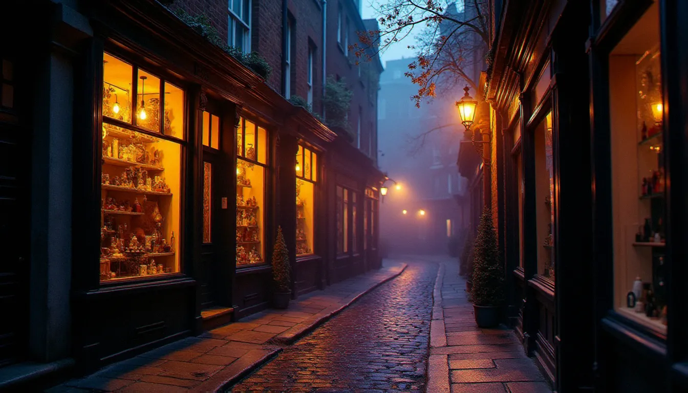 Ruelle pavée mystérieuse et lumineuse au crépuscule évoquant le chemin de traverse de Harry Potter, avec des boutiques aux vitrines dorées dans une atmosphère fantastique et magique