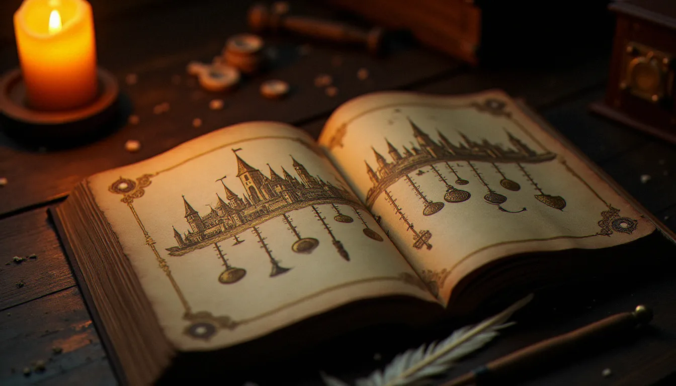 Manuscrit ancien enluminé illustrant la chronologie du monde des sorciers de J. K. Rowling, avec des motifs magiques dorés et une lumière de chandelle chaleureuse