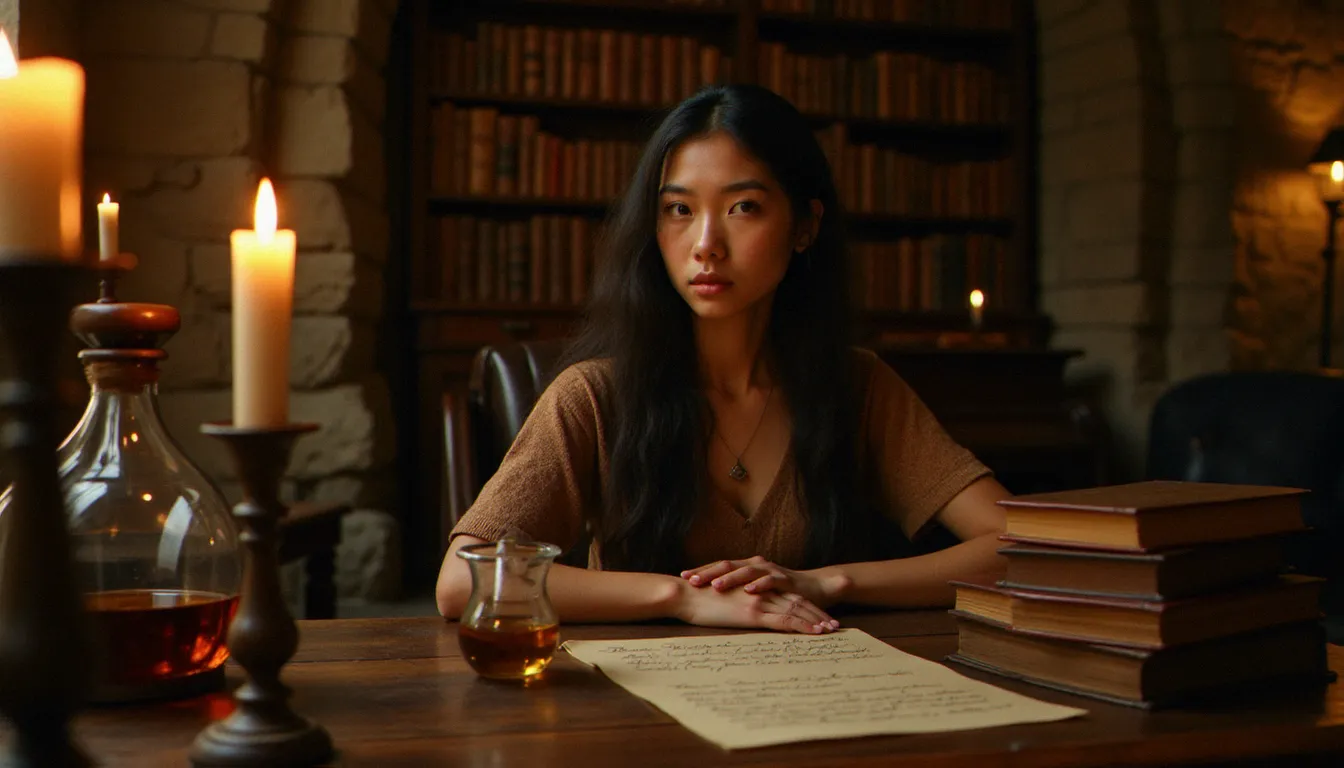 Une jeune femme concentrée étudiant des livres de sorcellerie à la lueur des bougies, entourée de parchemins et de fioles évoquant les cours et examens dans l'univers de Harry Potter