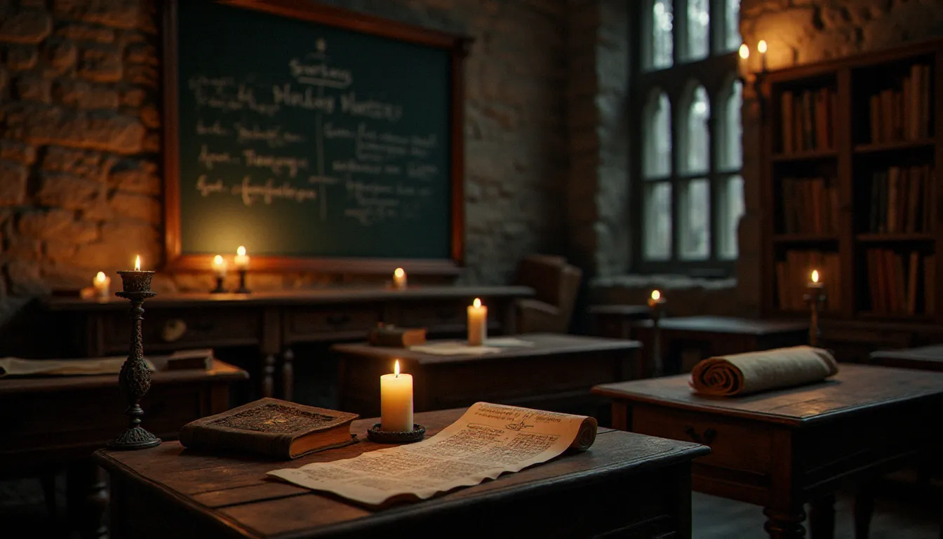 Salle de classe style école de sorcellerie avec bougies, parchemins et ambiance médiévale évoquant les cours et examens de Poudlard