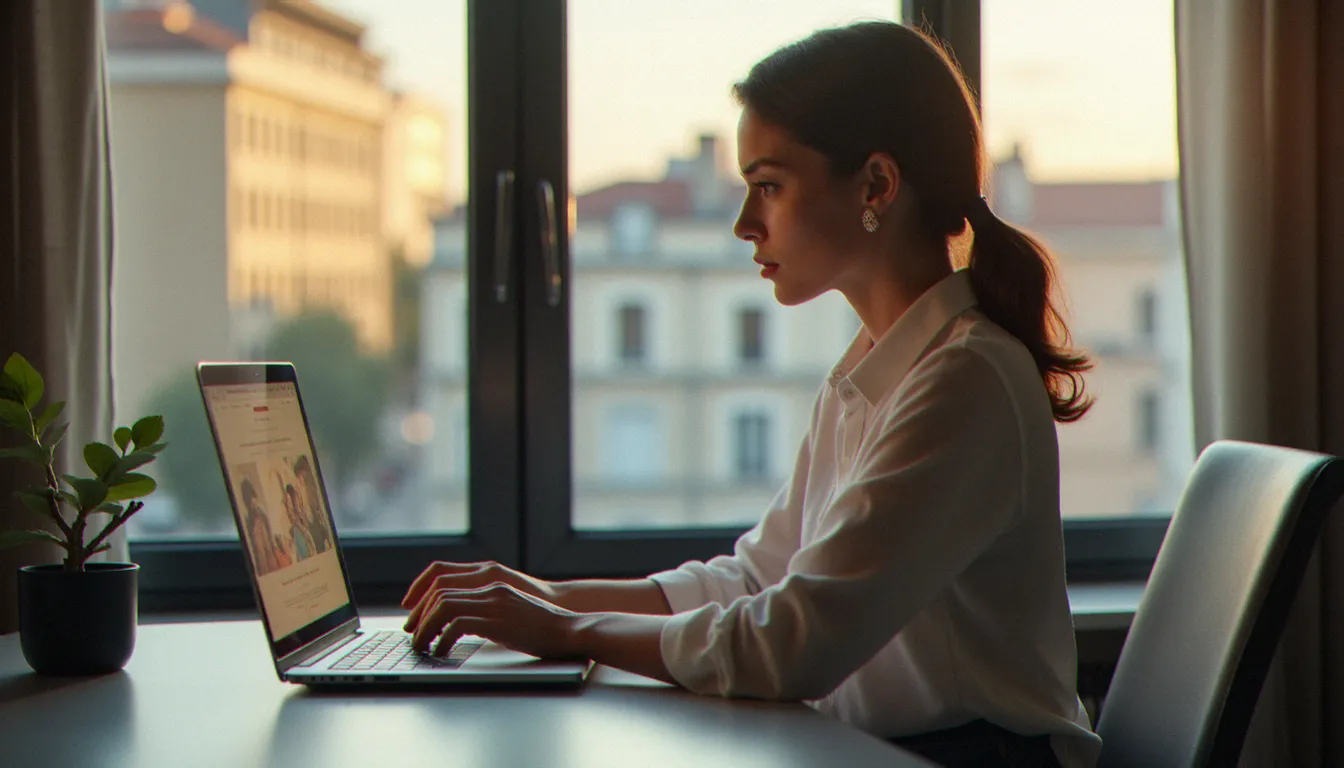 Femme confiante consultant un guide rencontres coquines fiables sur son ordinateur dans un appartement moderne à Lyon