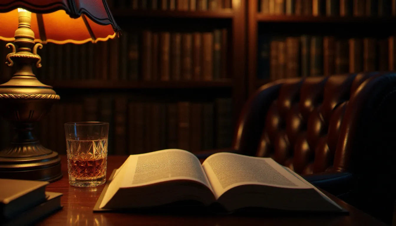 Bibliothèque britannique intime éclairée à la bougie évoquant l'univers mystérieux des personnages de fiction britanniques emblématiques
