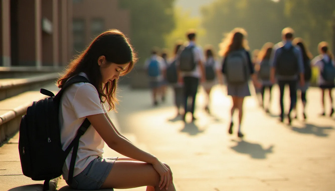 Personnage de fiction harcelé à l'école représenté par une adolescente assise seule sur les marches d'un lycée, ignorée par ses camarades qui passent en riant autour d'elle
