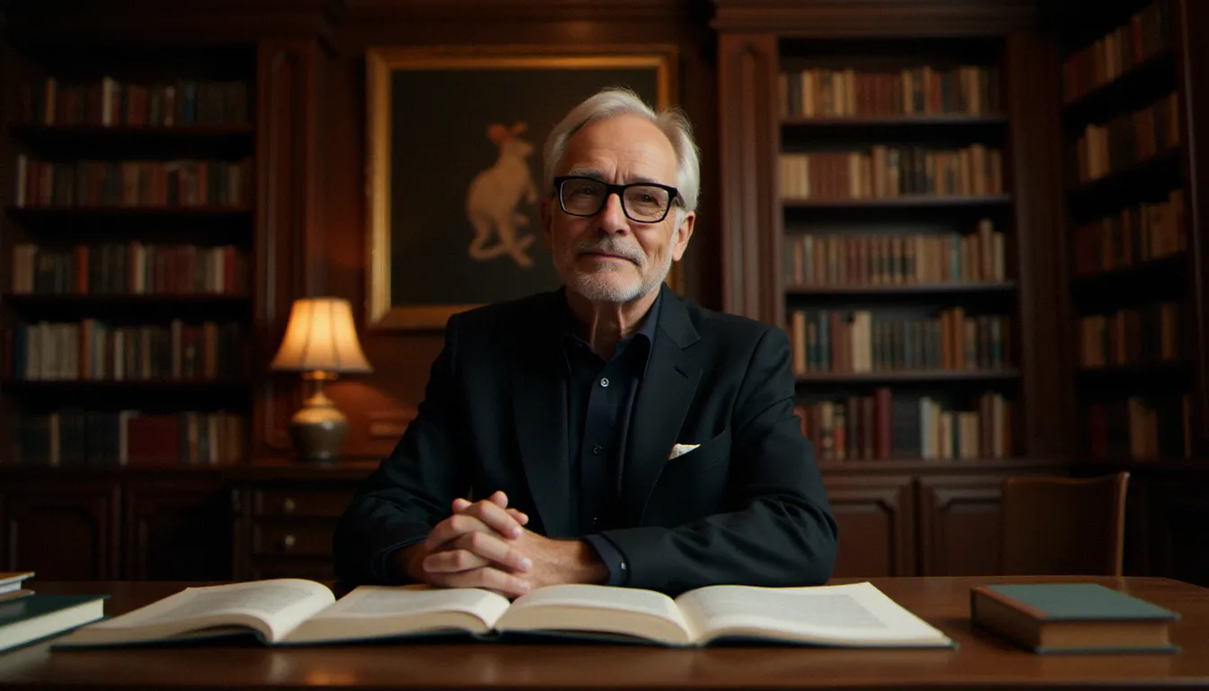 Personne incarnant un professeur de fiction assis à un bureau chargé de livres dans un cadre studieux et chaleureux
