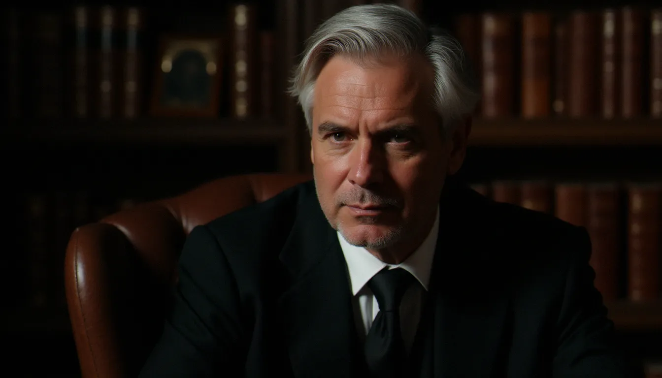Portrait cinématographique évoquant le charme et la présence charismatique d'Alan Rickman, acteur britannique légendaire