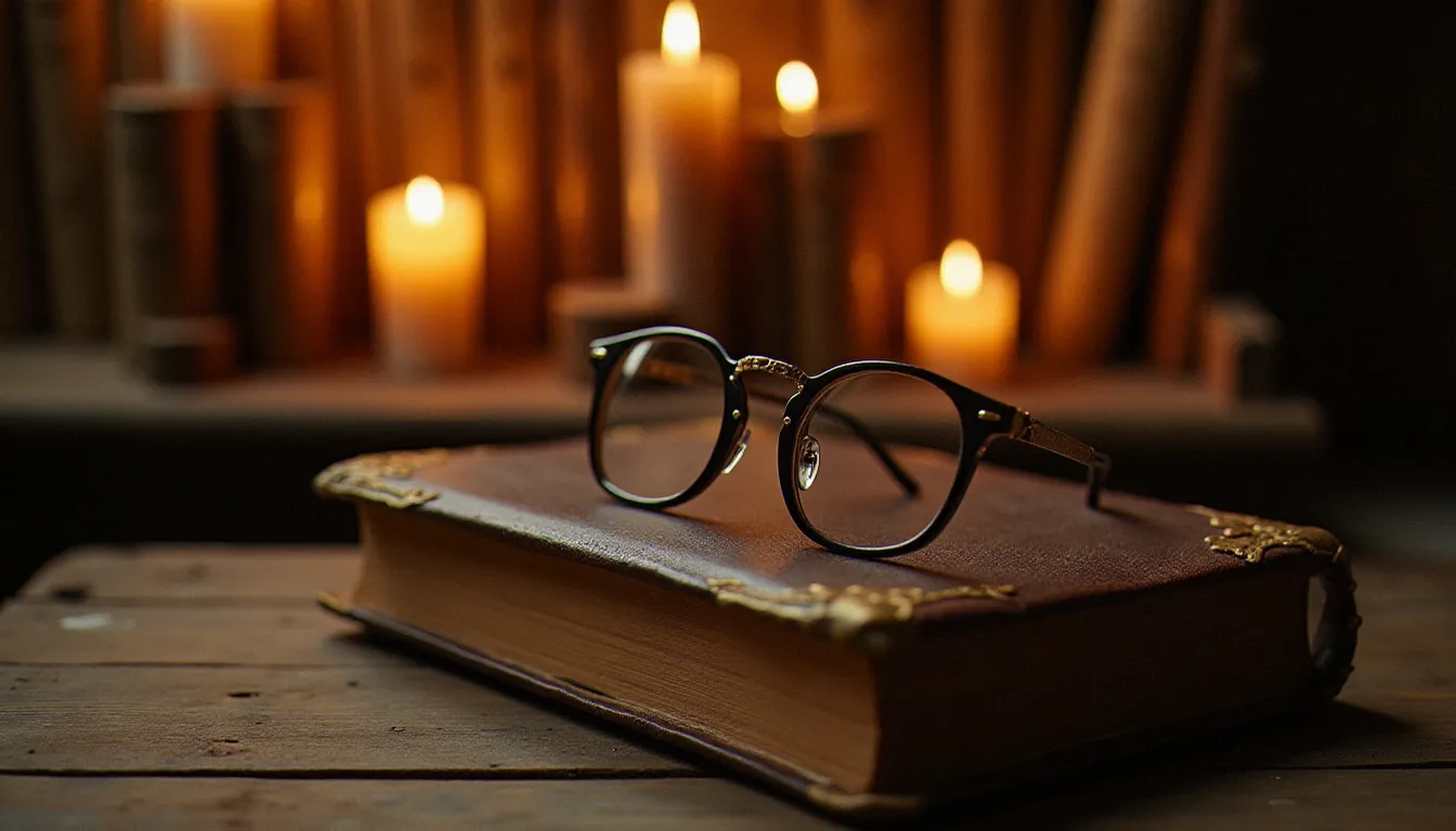 Vieilles lunettes rondes posées sur un livre ancien à la lumière des bougies, évoquant l'univers d'Albus Dumbledore et la culture Harry Potter