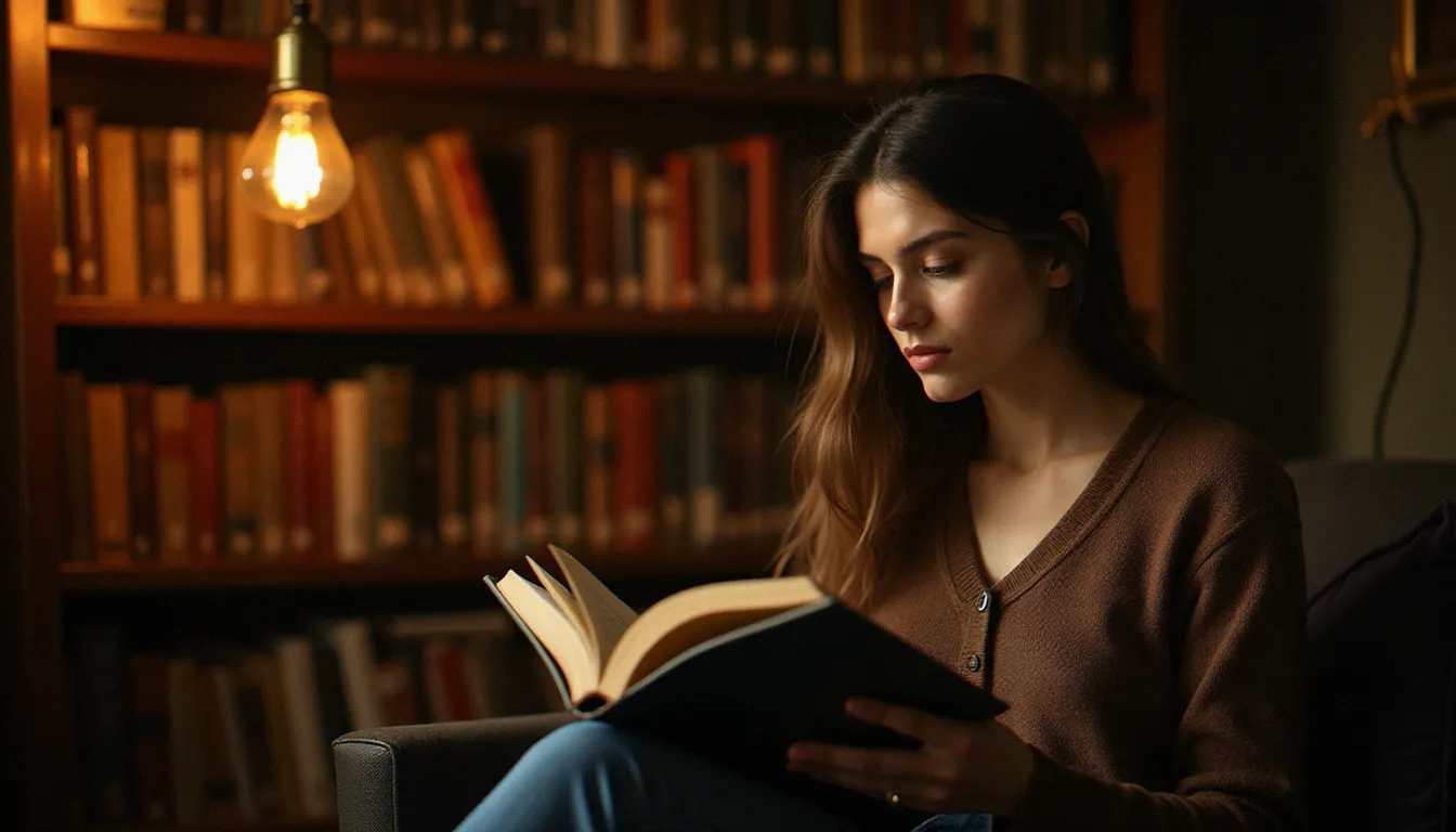 Jeune femme lisant dans une bibliothèque chaleureuse, plongée dans l'univers littéraire d'Albus Severus Potter et de la saga Harry Potter