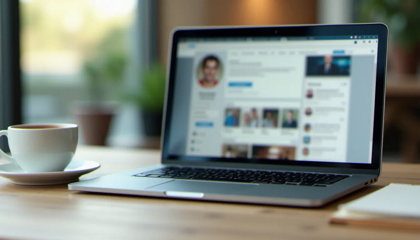 Ordinateur portable affichant un profil de personnalité en ligne flou sur un bureau moderne, illustrant la recherche autour d'Alec Hopkins dans l'univers du dating coquin