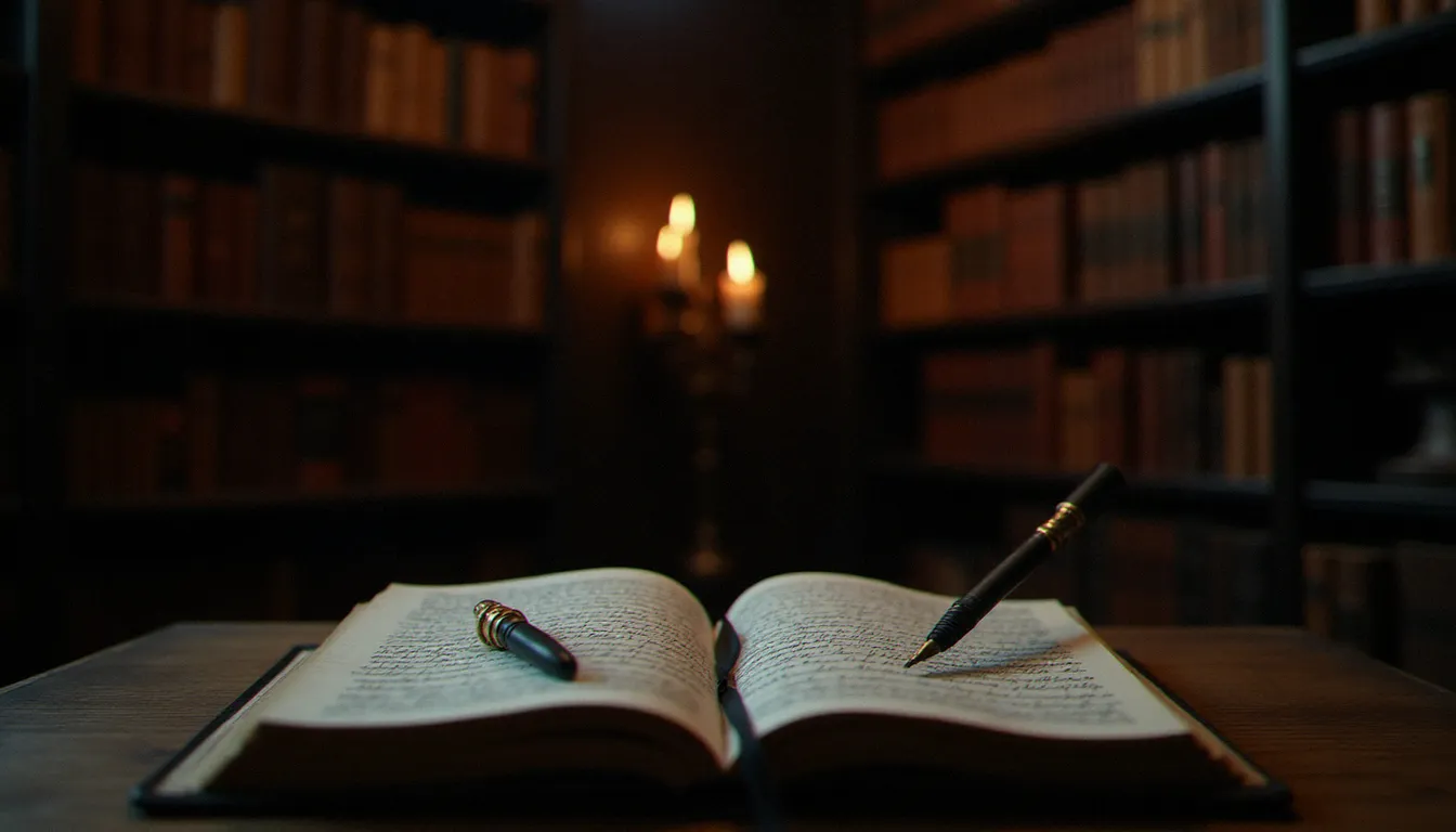 Bibliothèque ancienne éclairée à la bougie avec des livres reliés en cuir et une plume sur un cahier ouvert, illustrant l'univers du roleplay fantastique autour du personnage amycus carrow dans le dating en ligne