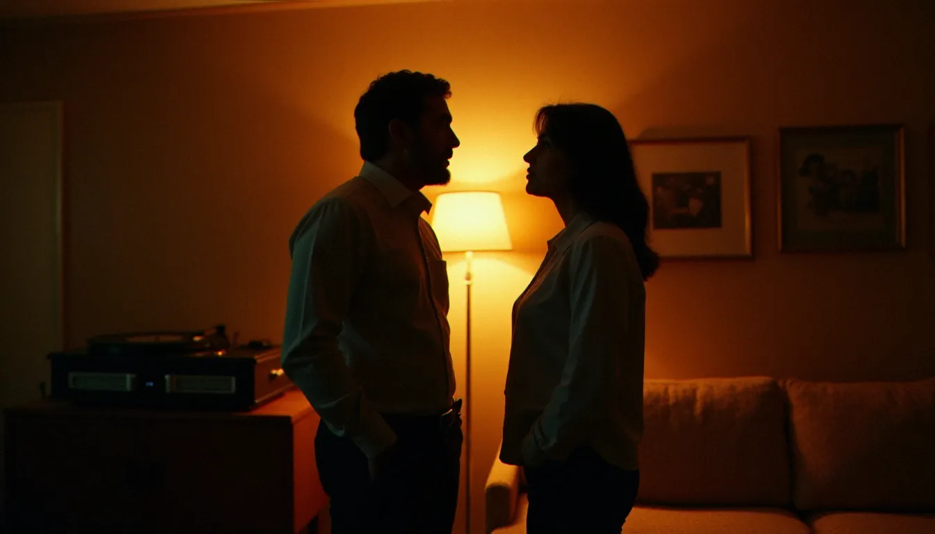 Deux silhouettes adultes en conversation dans un salon de style années 1970, symbolisant l'évolution des rapports hommes-femmes dans la sphère intime