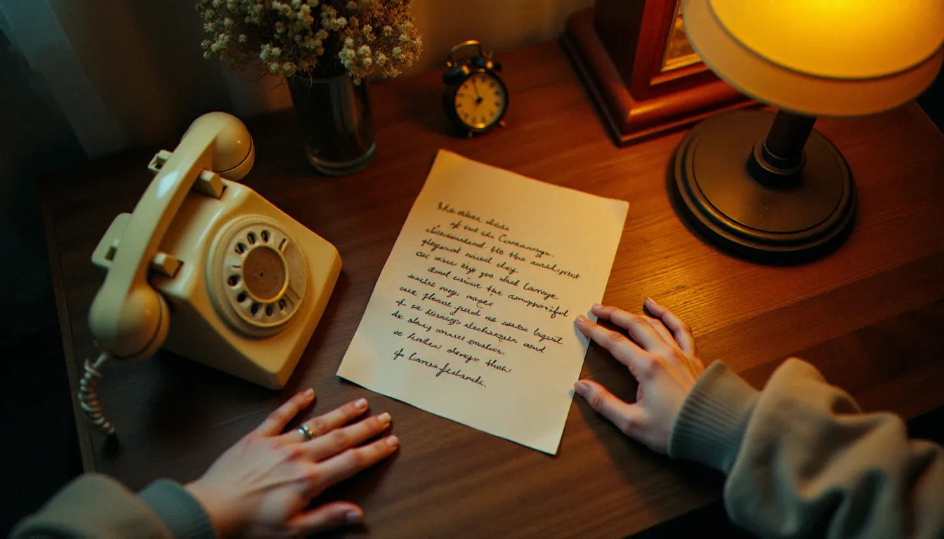 Ambiance vintage années 1970 avec téléphone à cadran et petite annonce manuscrite sur papier jauni, évoquant les premières formes de rencontres de cette époque