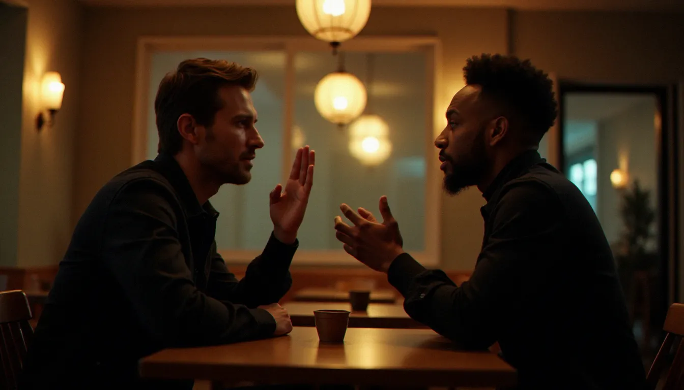 Deux personnes discutant calmement dans un café, illustrant l'importance de la communication ouverte avant une rencontre coquine impliquant des préférences spécifiques