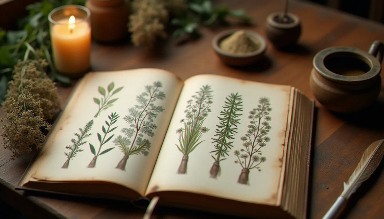 Livre ancien d'herboristerie ouvert montrant des illustrations botaniques d'armoise, entouré de bouquets d'herbes séchées et d'une plume, évoquant l'histoire médicinale de l'armoise