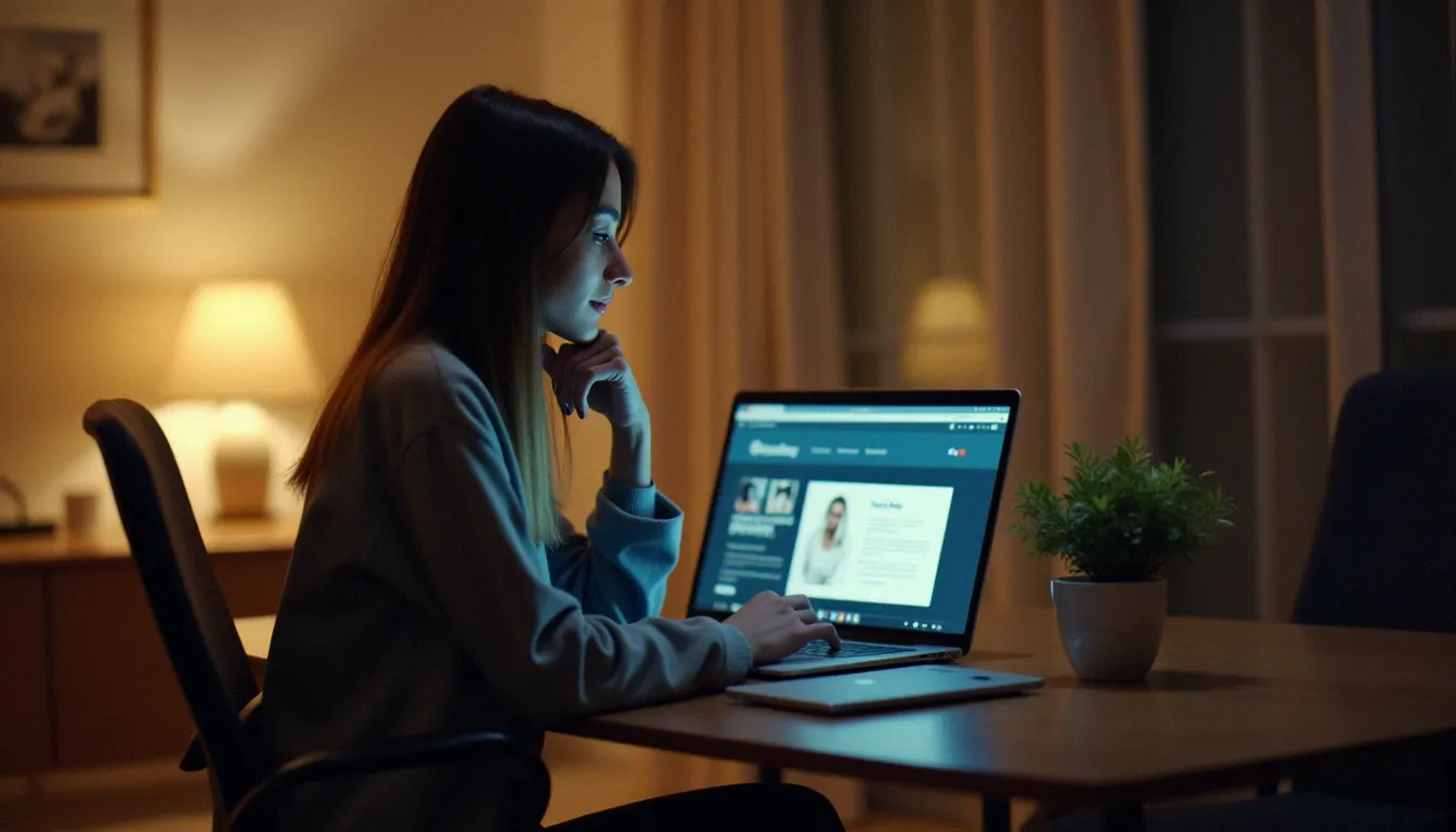Femme consultant un site de rencontre sur ordinateur portable dans un bureau à domicile, illustrant l'analyse critique d'une plateforme coquine