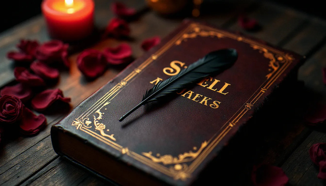 Ambiance dark fantasy avec livre de sorts ancien et plume d'écriture évoquant l'univers de Bellatrix Lestrange et la fascination pour les archétypes sombres dans le dating en ligne