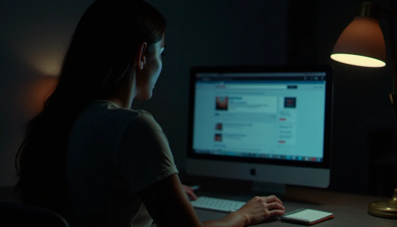 Une femme analysant des résultats de recherche en ligne pour identifier un faux profil de type benedict clarke