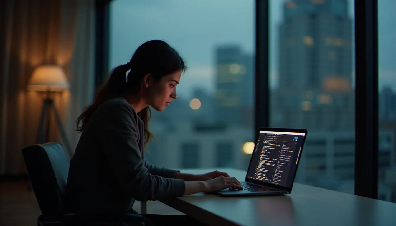 Personne analysant avec attention plusieurs profils sur un ordinateur portable dans un appartement moderne, représentant la détection d'un profil botaniste sur les sites de rencontre