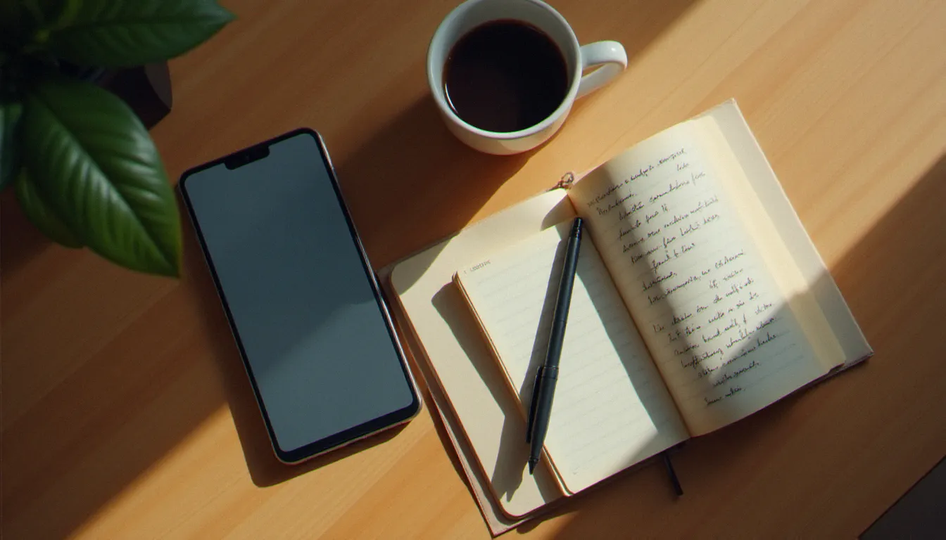 Vue aérienne d'un smartphone avec messagerie floue et carnet de notes manuscrites, symbolisant la gestion de multiples conversations simultanées par un profil botaniste sur les sites adultes