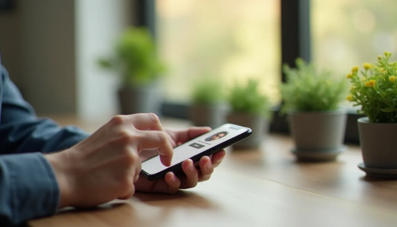 Mains tenant un smartphone affichant une application de rencontre floue, entouré de petites plantes vertes sur un bureau en bois, illustrant le concept de profil botaniste dans le dating coquin