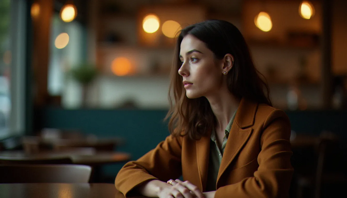 Femme sereine prenant du recul face à son téléphone dans un café, illustrant la gestion psychologique d'une brimade en ligne