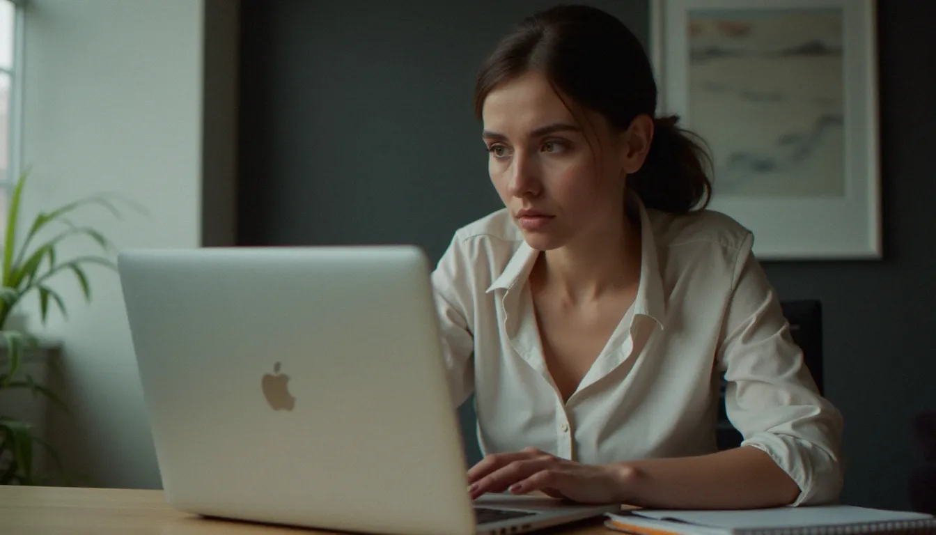 Une femme préoccupée devant son écran d'ordinateur, illustrant la réalité de la brimade sur les sites de rencontre en ligne