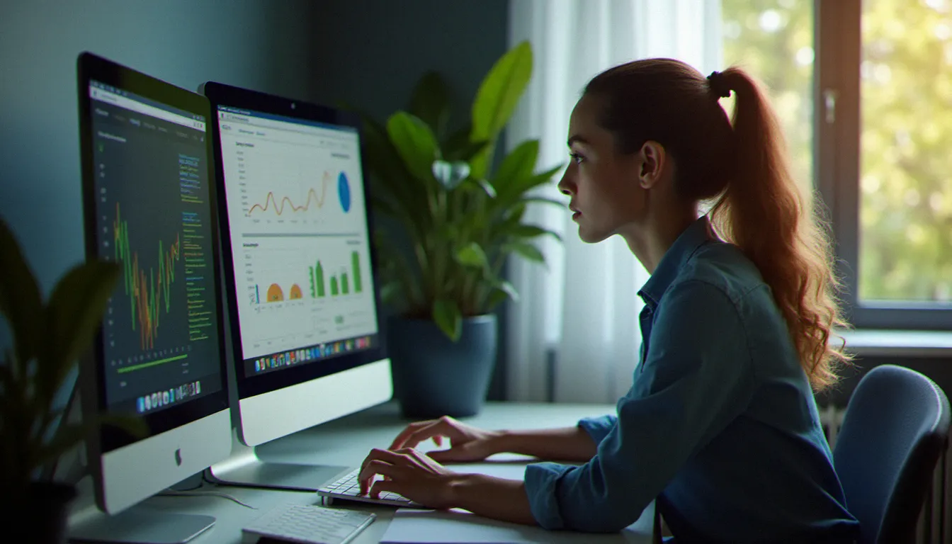 Femme concentrée analysant des profils sur un ordinateur dans un bureau moderne, illustration d'une analyse de site de rencontre