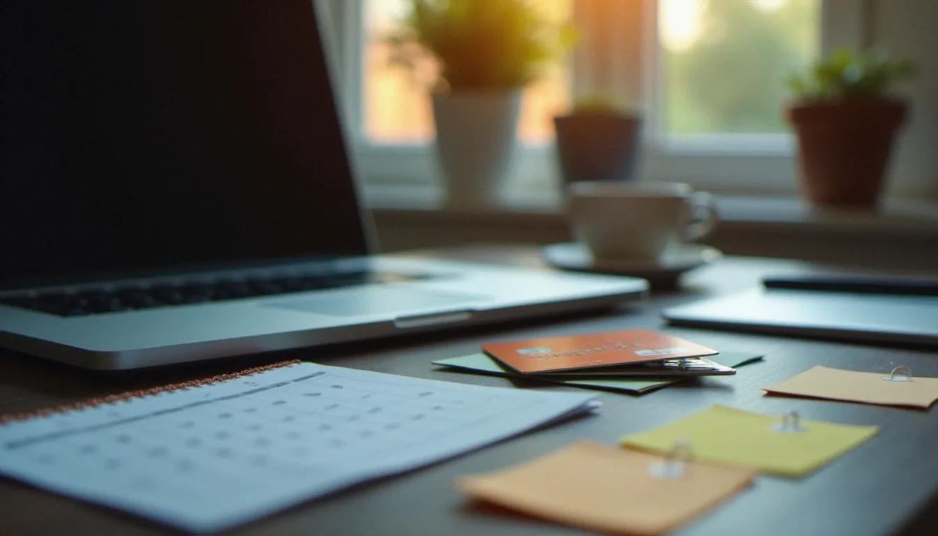 Carte bancaire et ordinateur portable sur un bureau avec calendrier, représentant la gestion d'un abonnement à une plateforme comme cabane hurlante