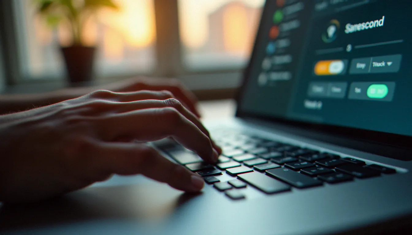 Mains posées sur un clavier d'ordinateur avec un écran de paramètres de confidentialité flou en arrière-plan, représentant l'activation d'une cape d'invisibilité sur une plateforme de rencontre