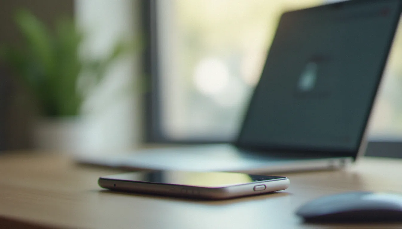 Smartphone posé sur une table en bois affichant une interface floue avec une icône de cadenas, symbolisant la protection de l'anonymat grâce à la cape d'invisibilité sur mobile