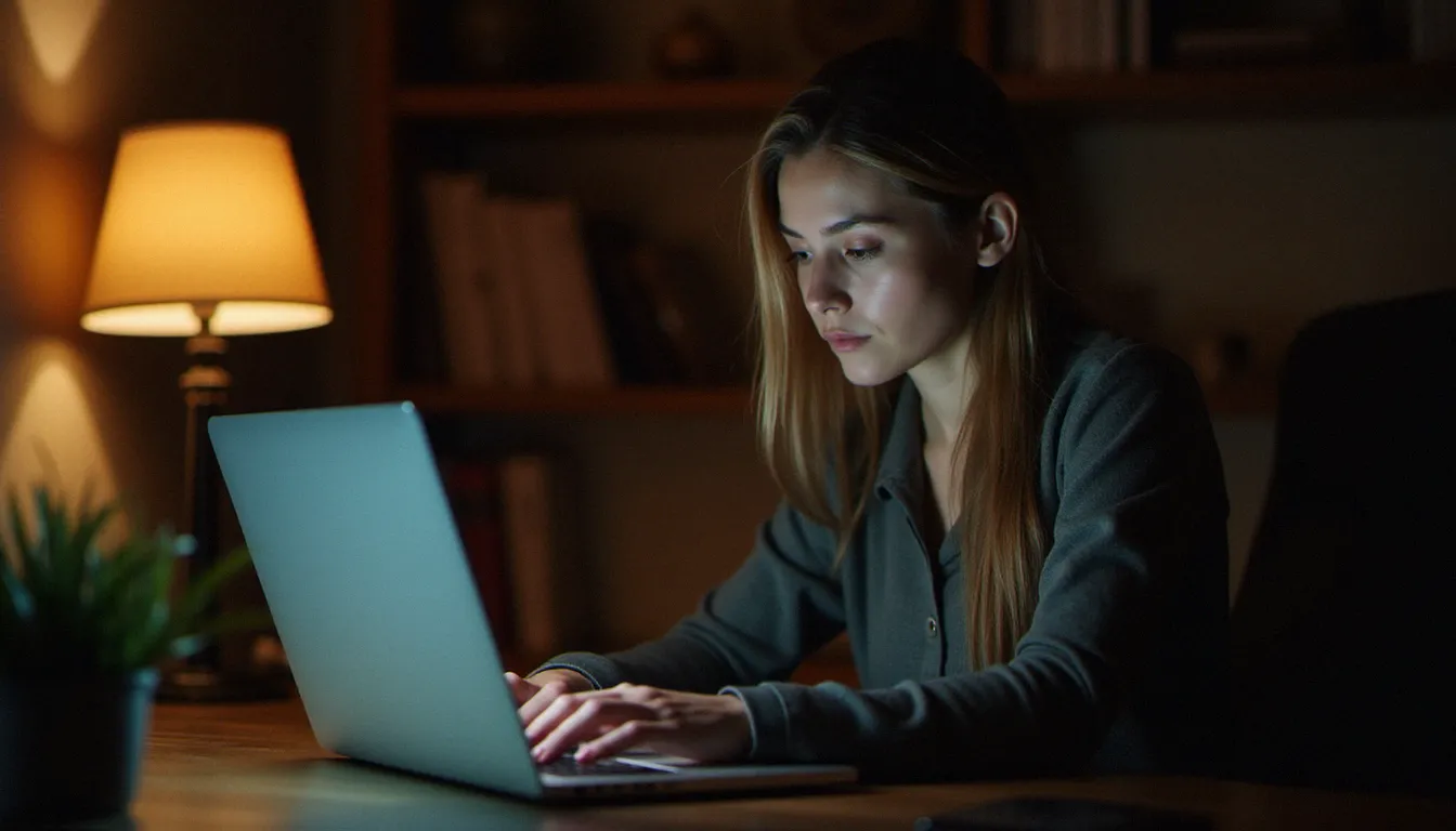 Une femme consulte discrètement un site de rencontre sur son ordinateur portable dans un bureau à domicile, illustrant l'usage de la cape d'invisibilité pour naviguer anonymement
