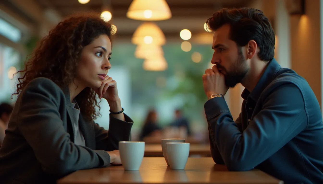 Deux adultes en conversation sérieuse dans un café, illustrant l'importance de la communication dans les couples explorant des thématiques alternatives liées au symbolisme cervidae