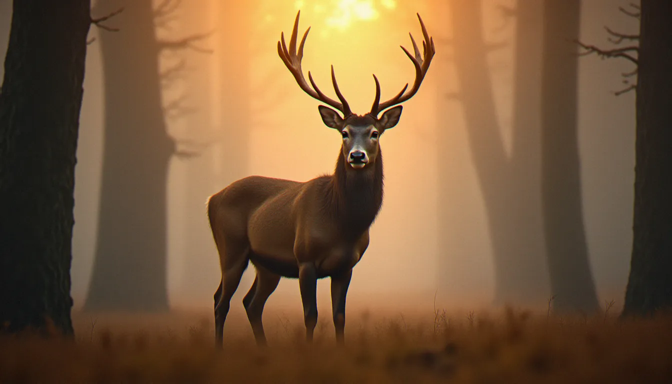 Cerf élaphe aux bois imposants dans une forêt européenne brumeuse, illustrant le symbolisme des cervidae dans la culture de l'infidélité