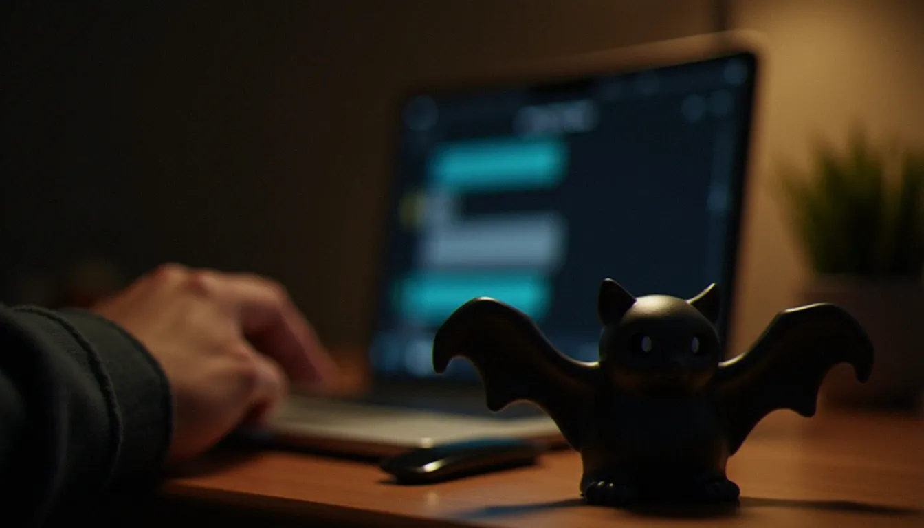 Smartphone affichant une interface de messagerie floue posé à côté d'une figurine décorative de chauve-souris sur un bureau en bois