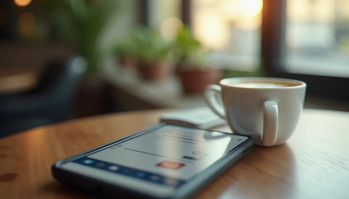 Smartphone affichant une interface de messagerie floue sur une table de café, symbolisant les échanges de chimie virtuelle dans le dating