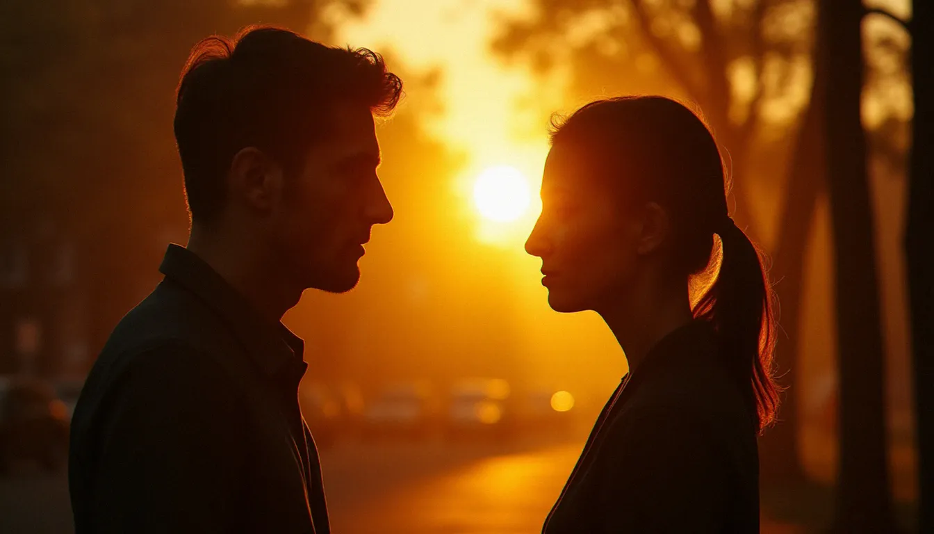 Deux silhouettes en contre-jour dans un parc urbain au coucher du soleil, illustrant la transition entre chimie virtuelle et rencontre physique