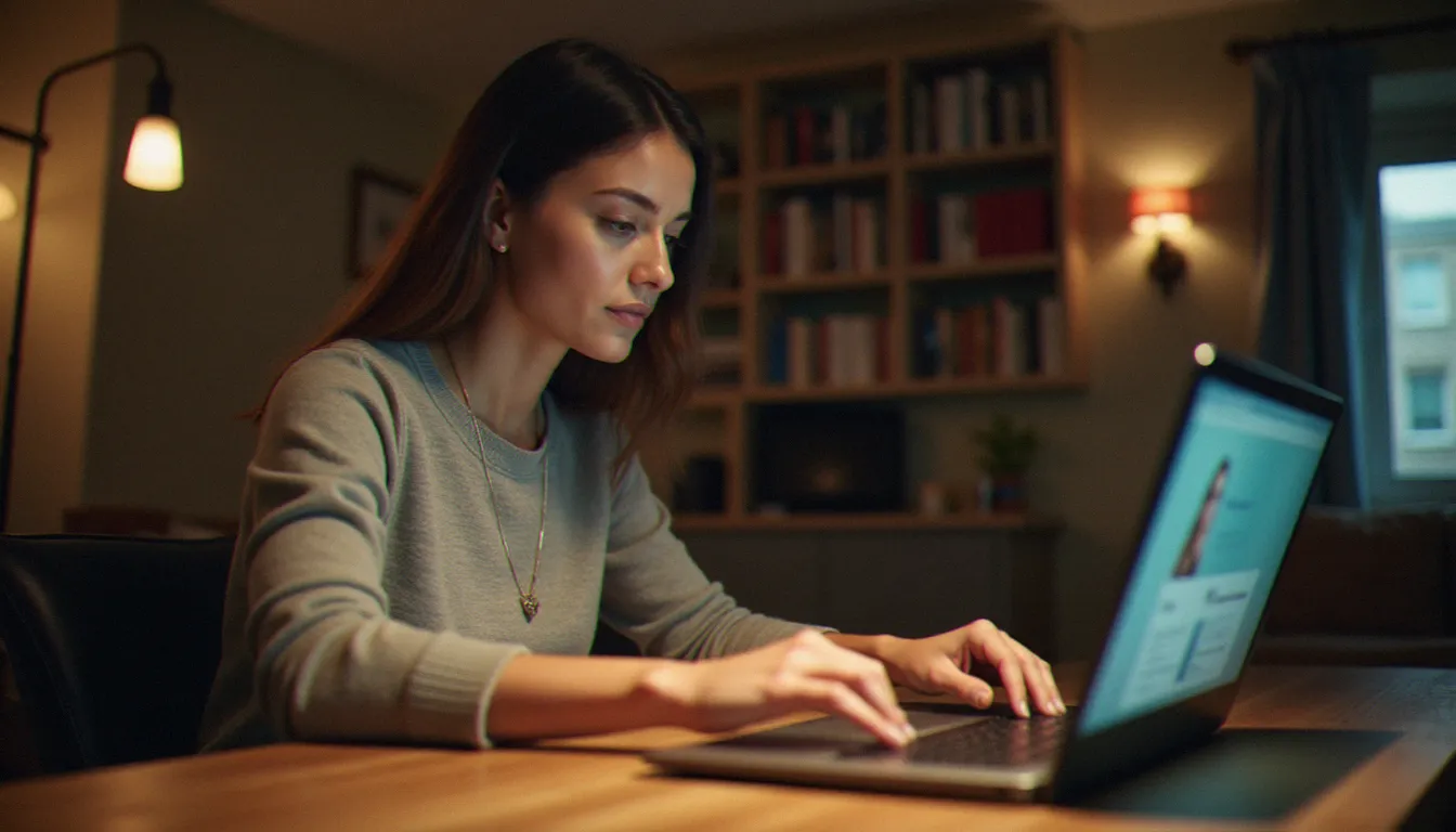 Femme consultant un site de rencontre sur laptop, illustrant la recherche de chimie authentique dans le dating en ligne