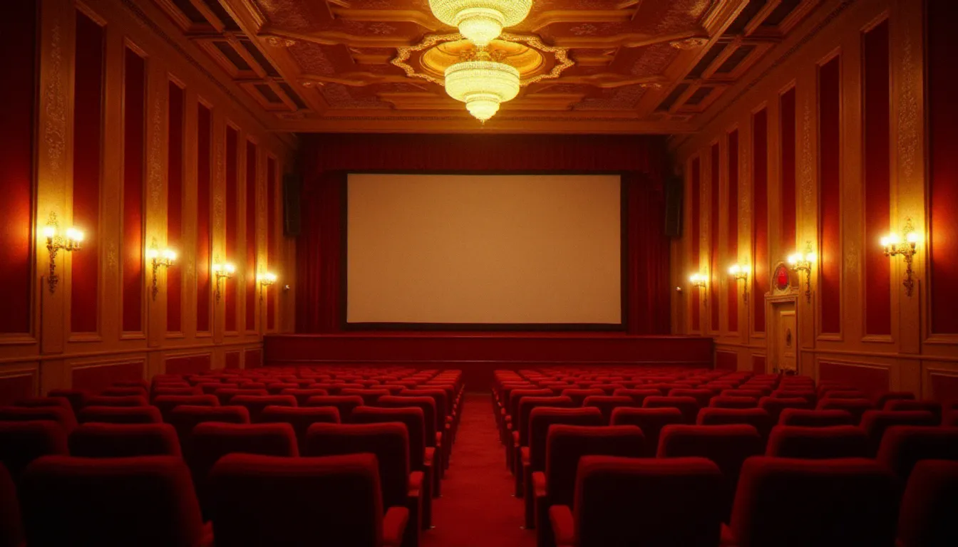 Intérieur d'un cinéma français vintage des années 1970 avec fauteuils en velours rouge et éclairage doré, évoquant l'époque de gloire de Claude Giraud acteur