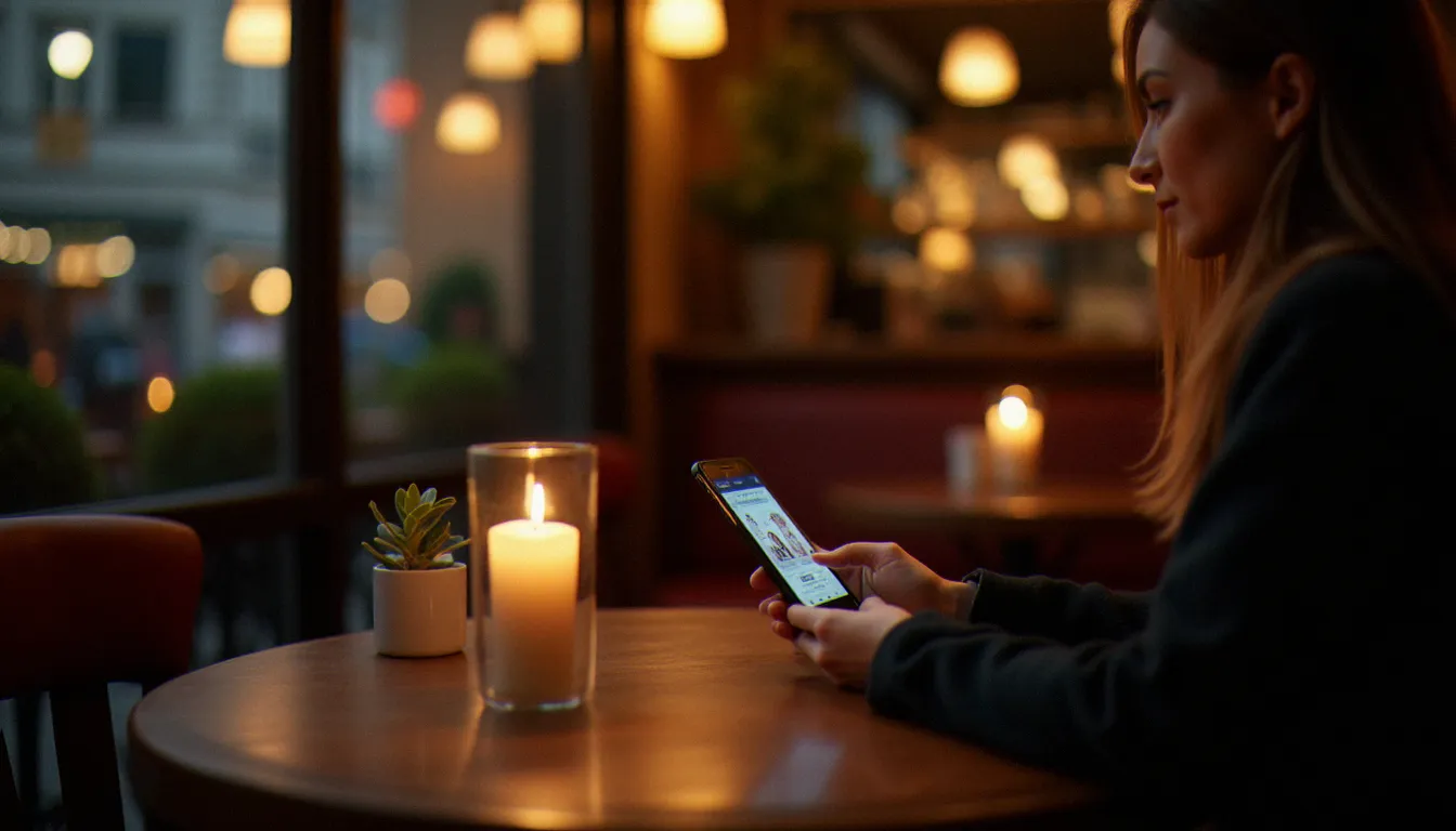 Personne consultant une application de rencontre dans un café parisien en soirée, illustrant le lien entre culture cinématographique française et pratiques modernes du dating