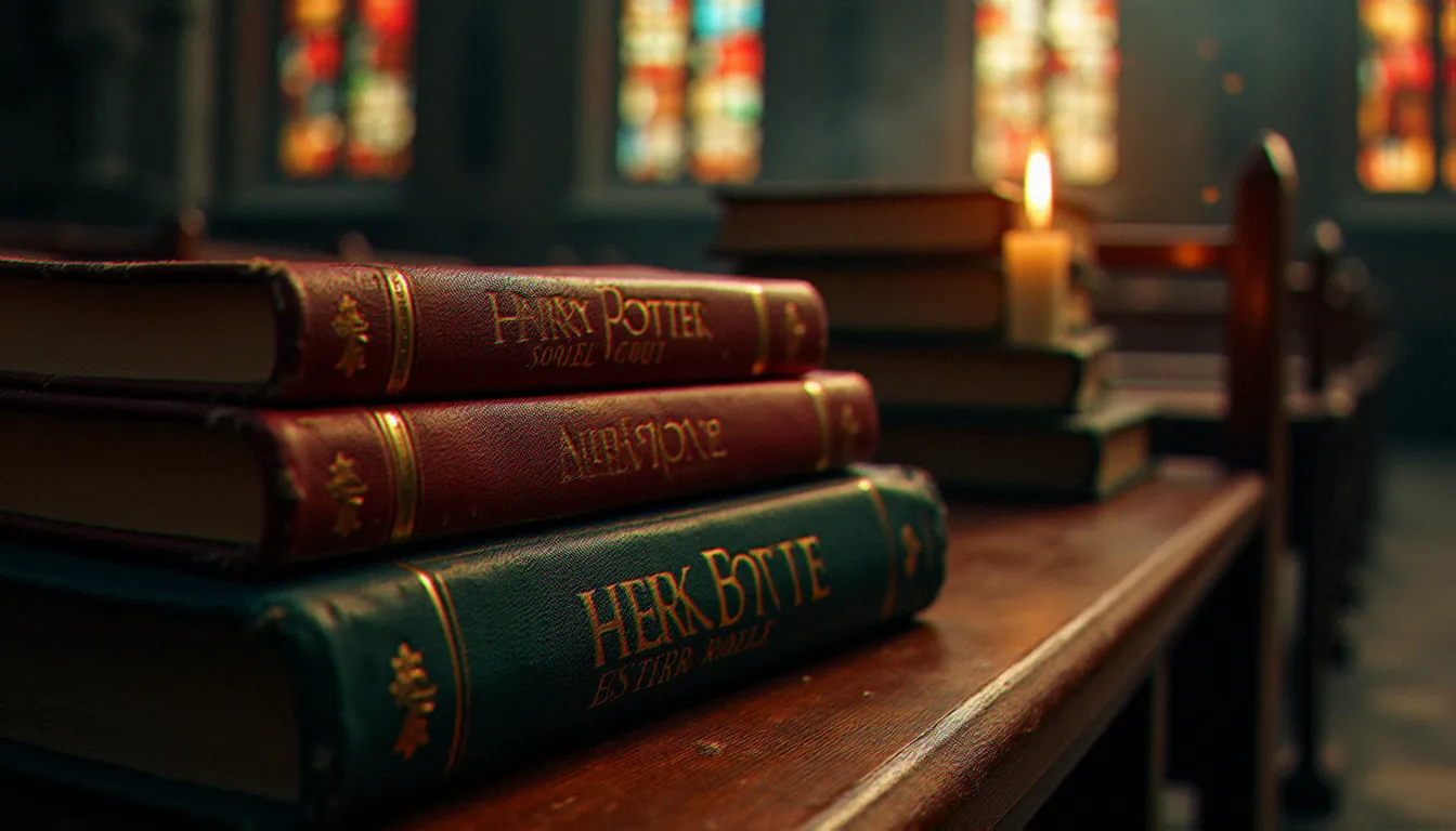 Livres Harry Potter posés sur un banc d'église baigné de lumière de vitraux, illustrant la controverse religieuse sur la série Harry Potter