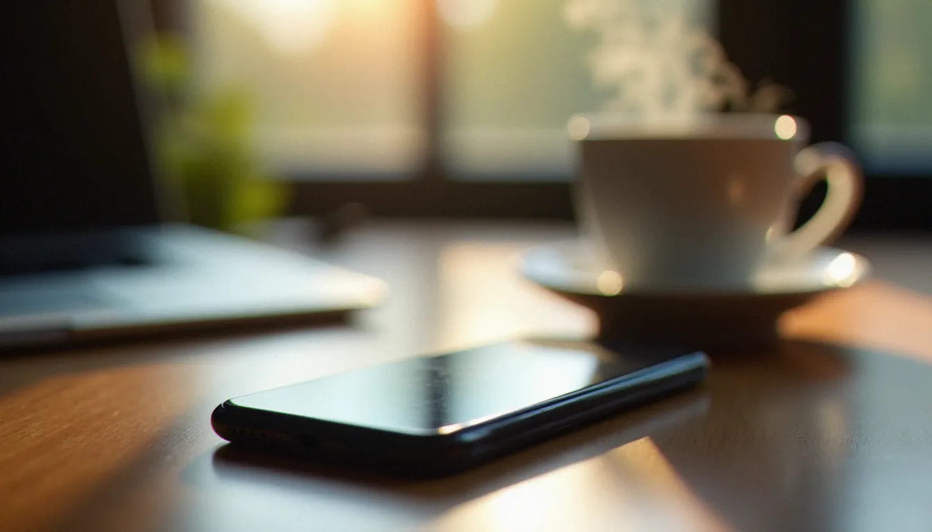 Smartphone affichant une interface floue d'application coquine avec notifications, posé sur un bureau en bois à côté d'un café