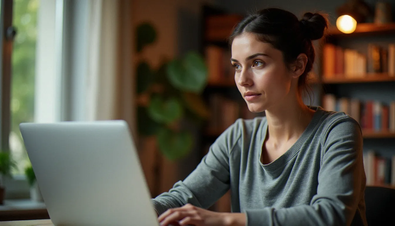 Une femme consultant une plateforme coquine sur son ordinateur portable dans un appartement moderne et lumineux