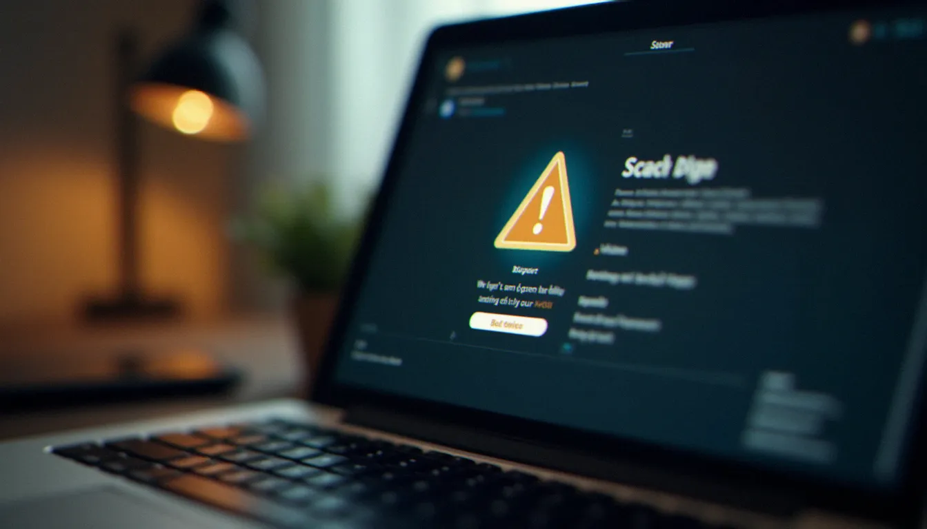 Écran d'ordinateur affichant une interface de site de rencontre floue avec une icône d'alerte, illustrant les risques des faux profils utilisant l'image de célébrités comme Daniel Radcliffe