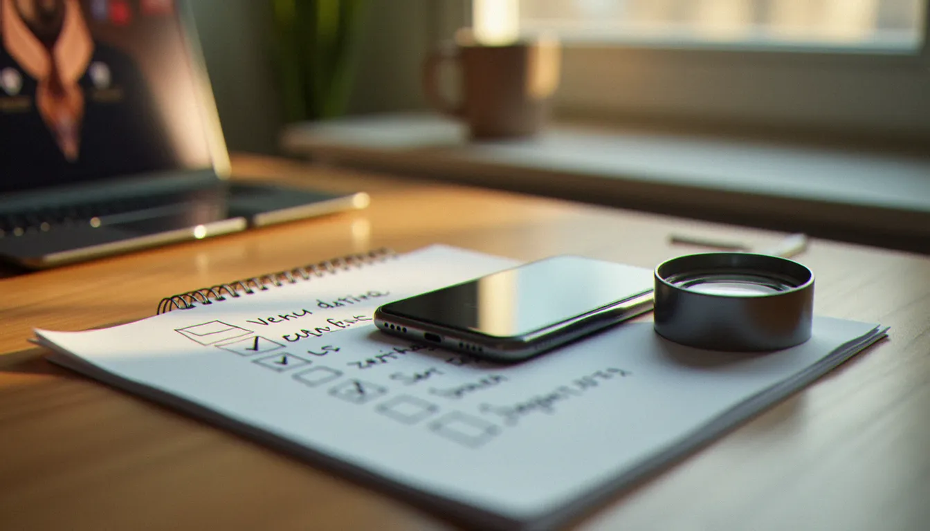 Bureau avec smartphone et carnet de notes représentant la vérification d'authenticité d'un profil de rencontre en ligne