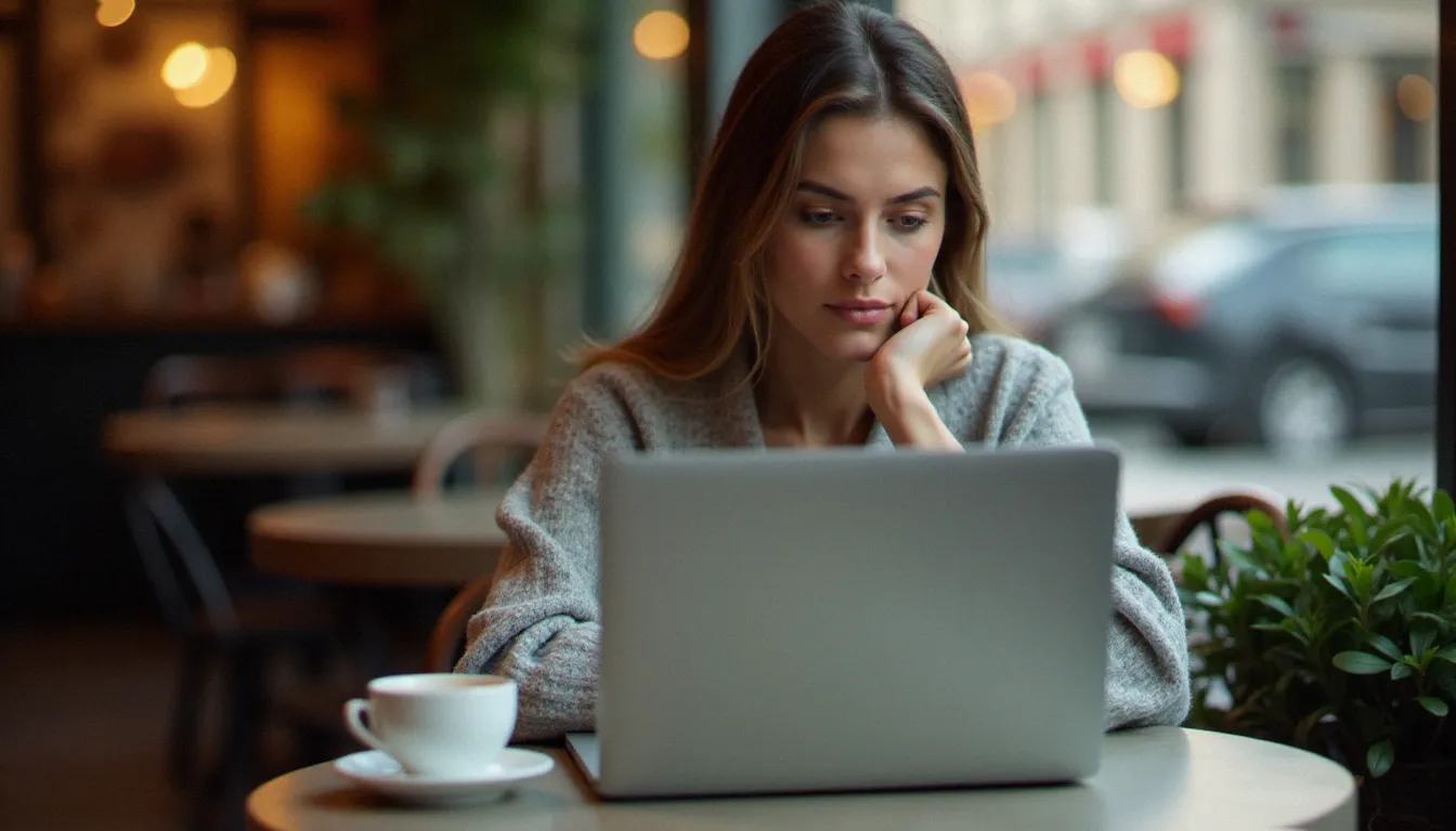 Femme consultant une plateforme de rencontre dans un café, illustrant la vigilance face aux profils suspects sur les sites adultes