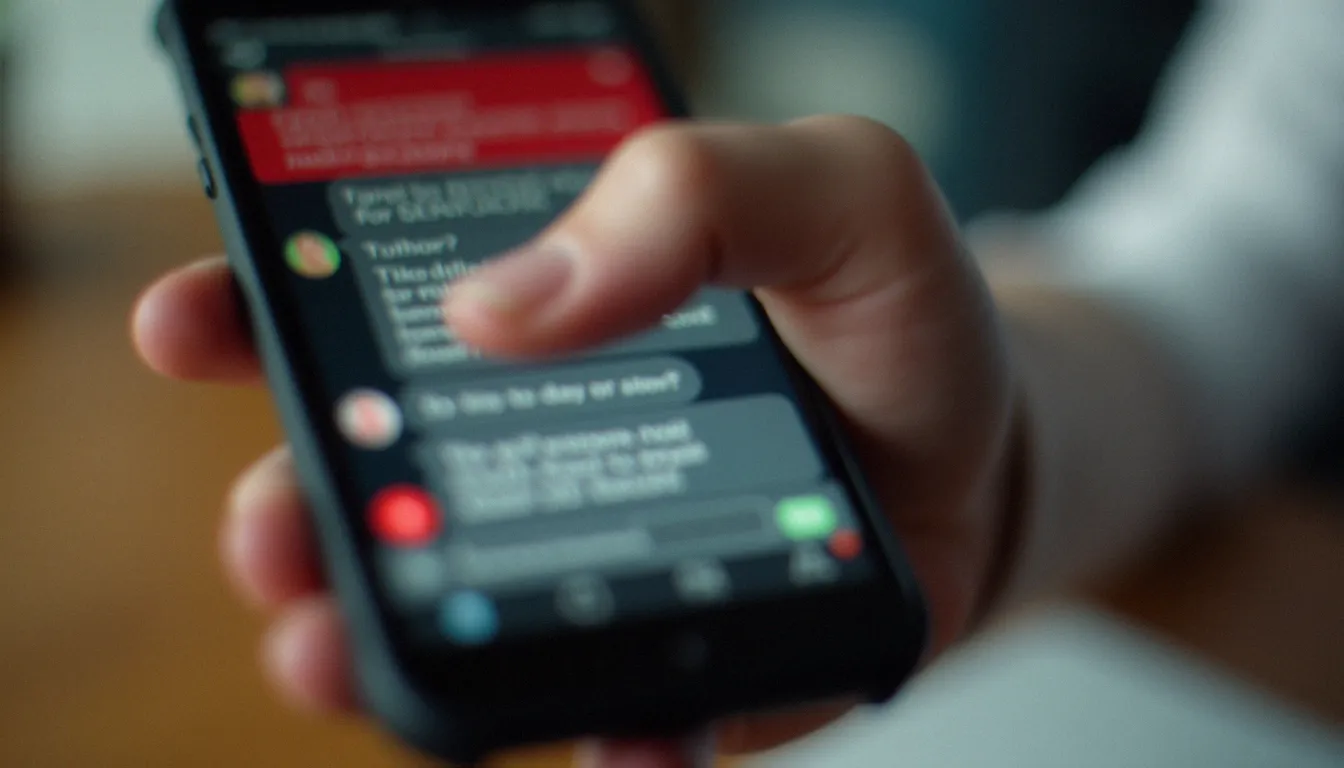 Smartphone affichant une conversation de messagerie suspecte avec des indicateurs d'alerte, symbolisant les signaux d'un profil dolores ombrage à identifier