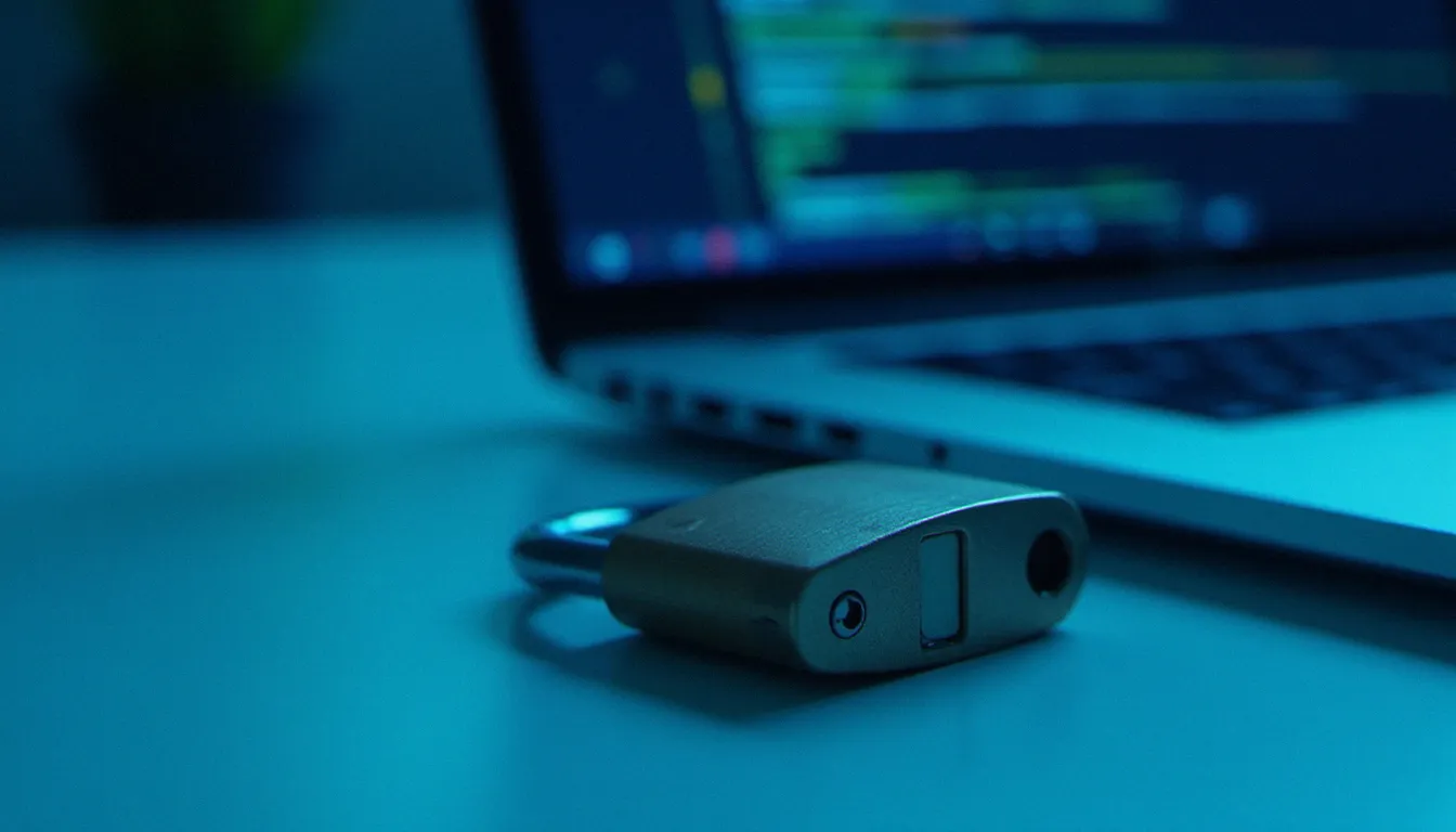 Cadenas physique posé près d'un clavier d'ordinateur portable, métaphore de la protection contre les profils toxiques et arnaques sur les plateformes coquines